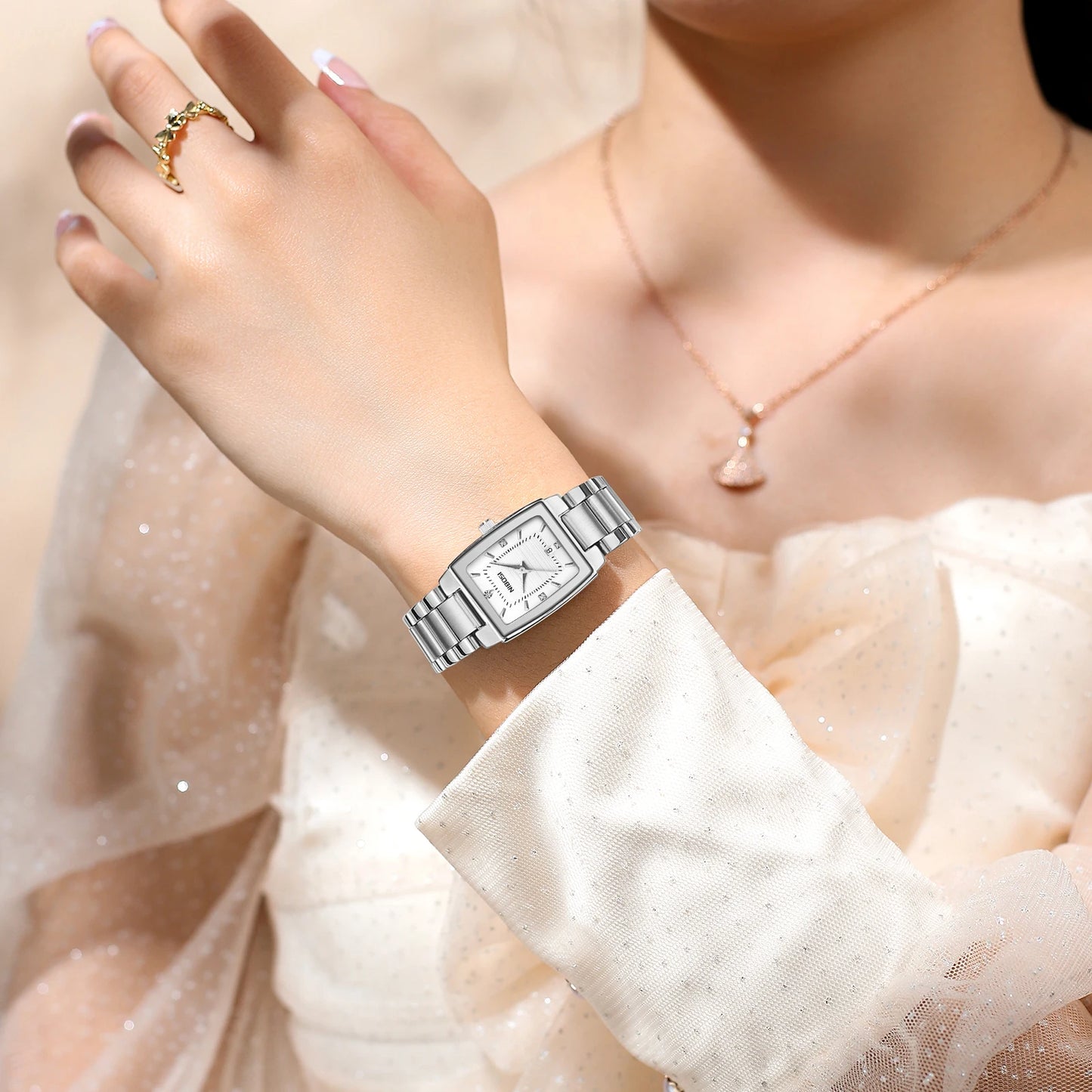 Nibosi 2671 Square Silver Watch Quartz Calendar Steel Strip Waterproof Women Stainless Steel Watch