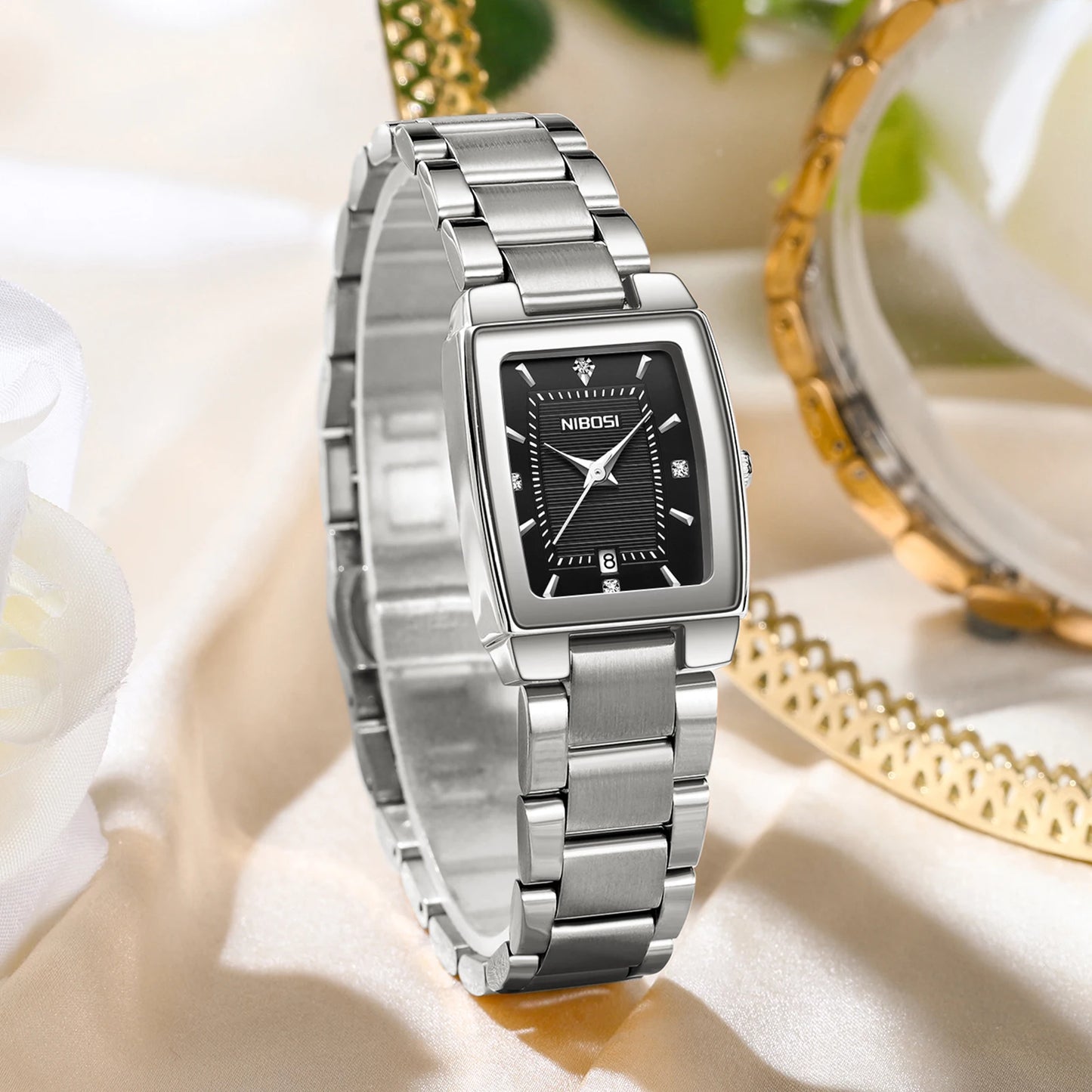 Nibosi 2671 Wholesale Fashion Explosion Light Luxury Square Silver Quartz Watch With Calendar Steel Belt Waterproof Watch