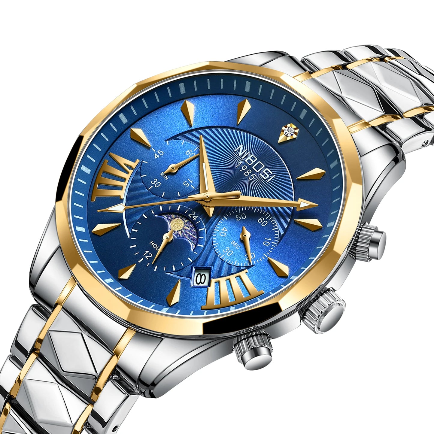 NIBOSI 2659 Mens Fashion Antique Auto Date Chronograph Alloy Case Stainless Steel Quartz Watch