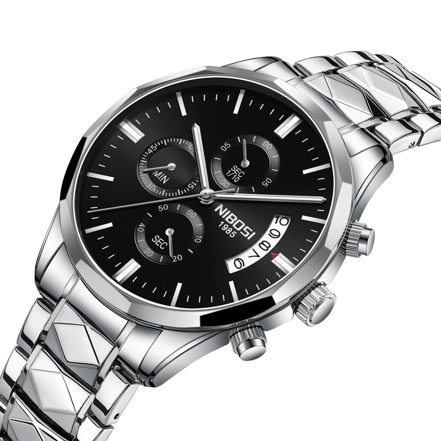 NIBOSI 2655 Multi-function Chronograph Watches Waterproof Quartz Watch for Men Stainless Steel Strap Men Wristwatch