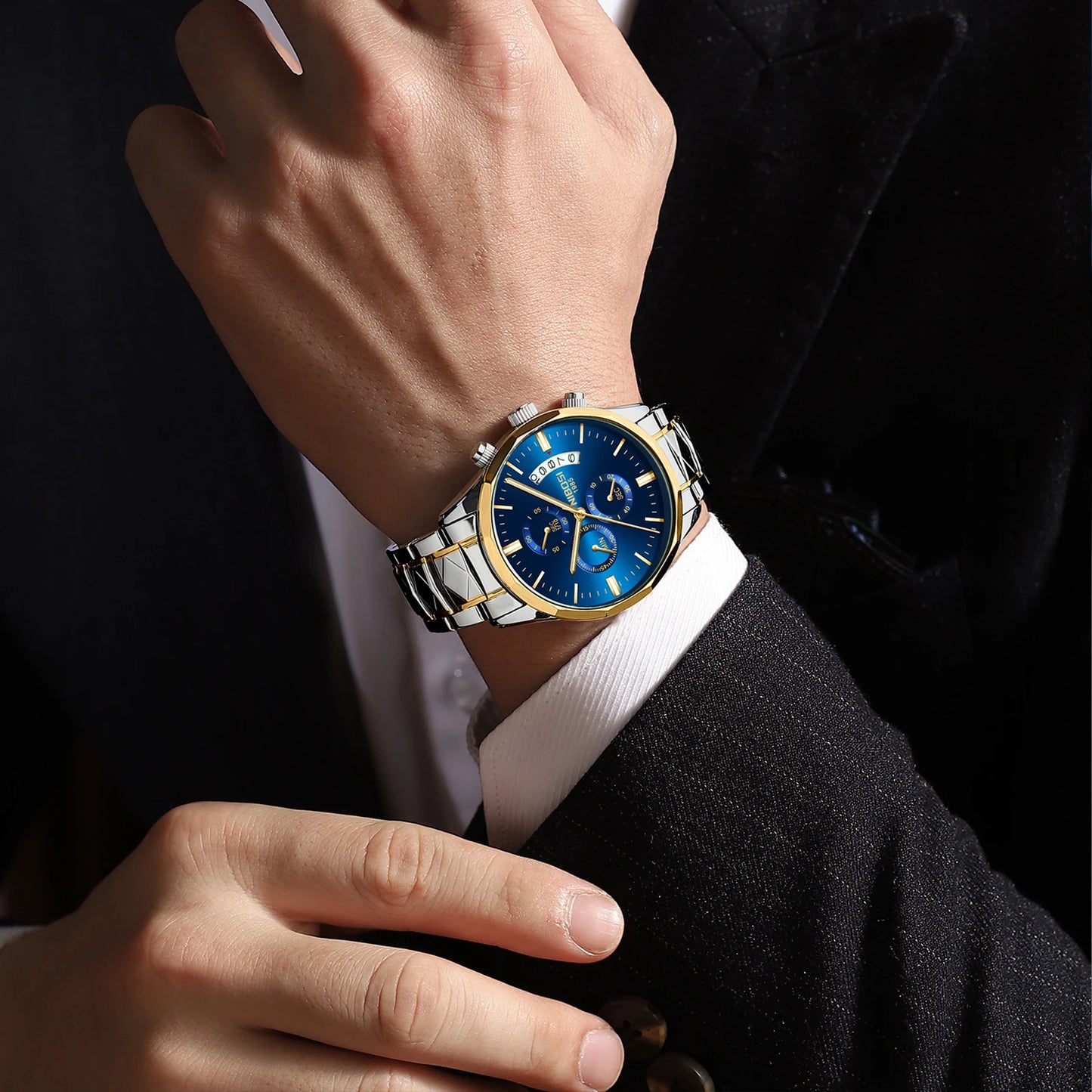 NIBOSI 2655 Multi-function Chronograph Watches Waterproof Quartz Watch for Men Stainless Steel Strap Men Wristwatch