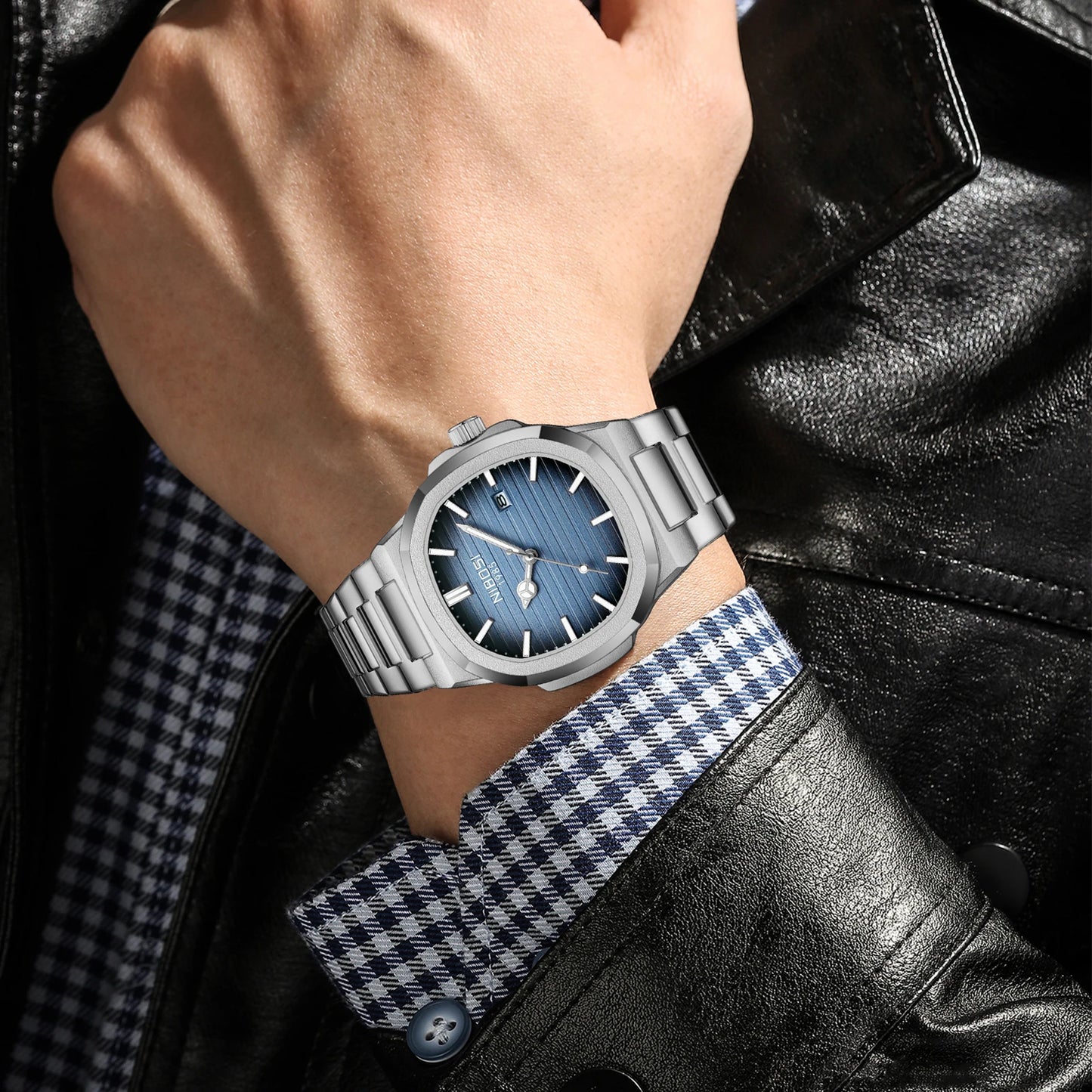 NIBOSI 2619 Imitated Mechanical Design Quartz Watches Stainless Steel Band Luminous Wristwatches for Male Clock Wholesale