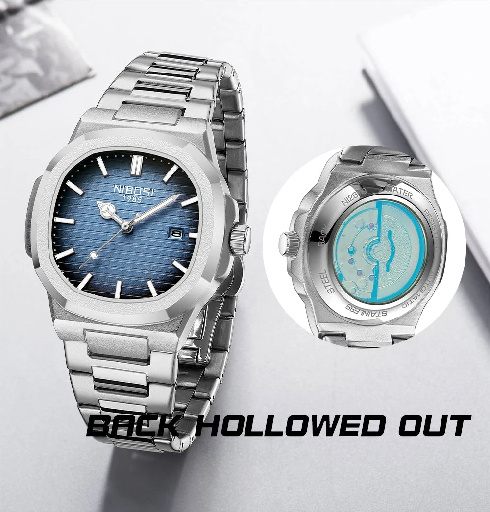 NIBOSI 2619 Imitated Mechanical Design Quartz Watches Stainless Steel Band Luminous Wristwatches for Male Clock Wholesale