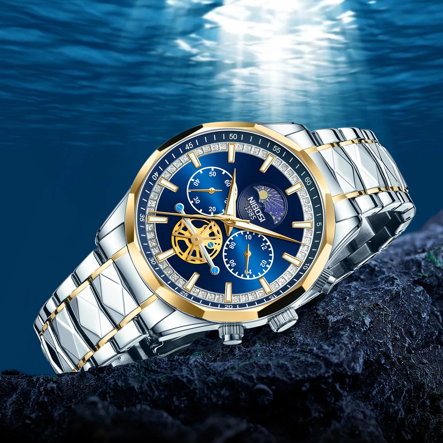NIBOSI 2656 New Model Fashion Stainless Steel Band Chronograph Three Small Needles Quartz Watch for Men