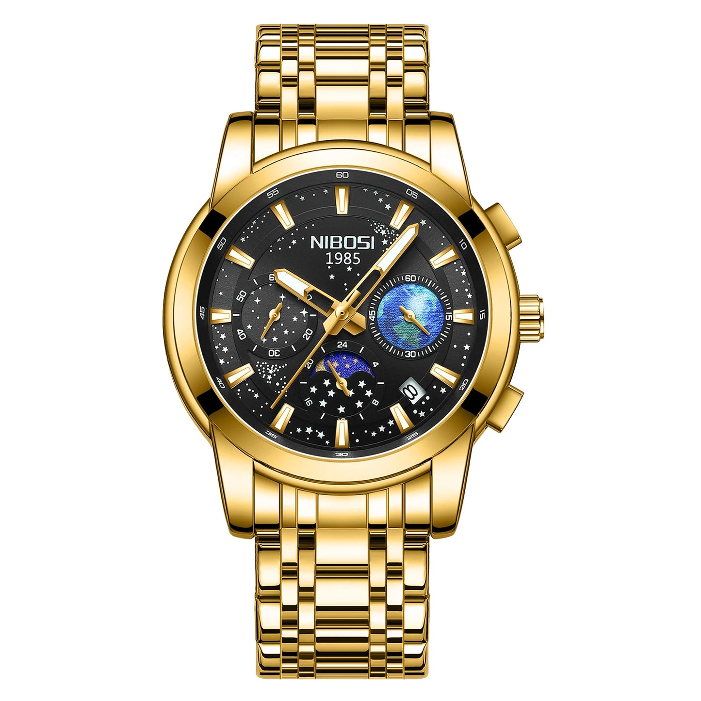 NIBOSI 2651 Men's Earth Sky Starry Night Design Auto Date Chronograph Alloy Case Stainless Steel Strap 3Bar Quartz Watch