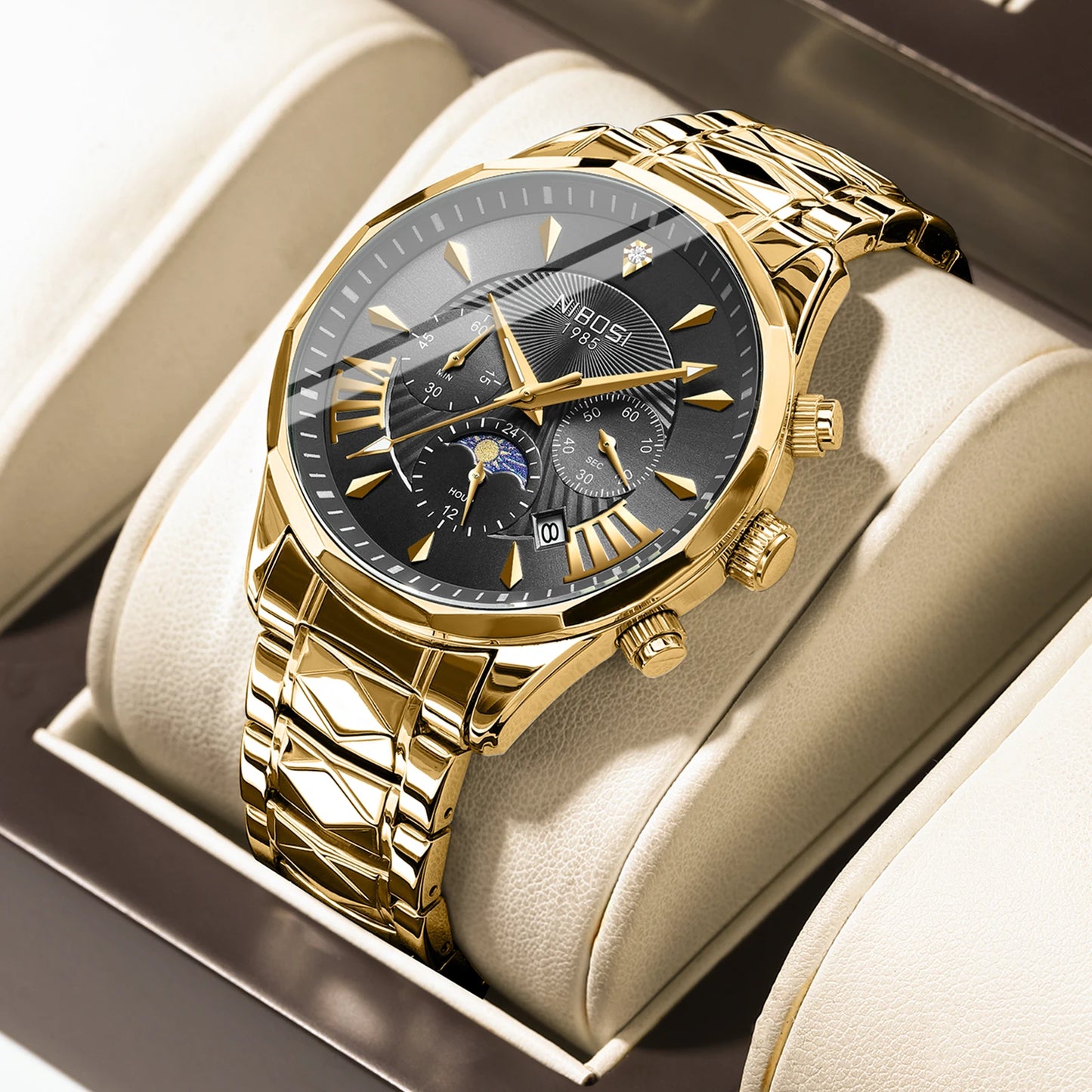 NIBOSI 2659 Mens Fashion Antique Auto Date Chronograph Alloy Case Stainless Steel Quartz Watch