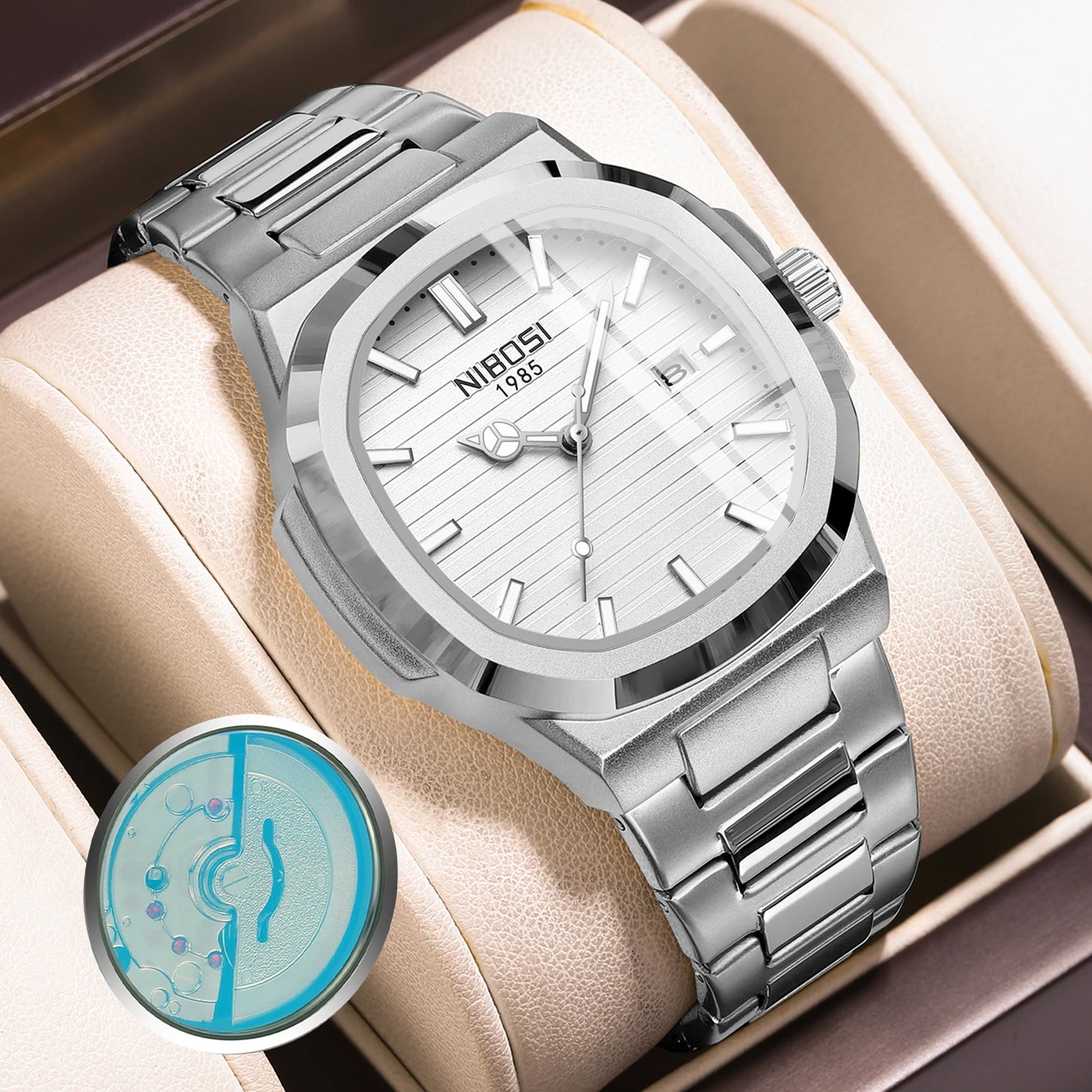 NIBOSI 2619 Men Automatic Steel Band High Quality Quartz Waterproof Fashion Watch