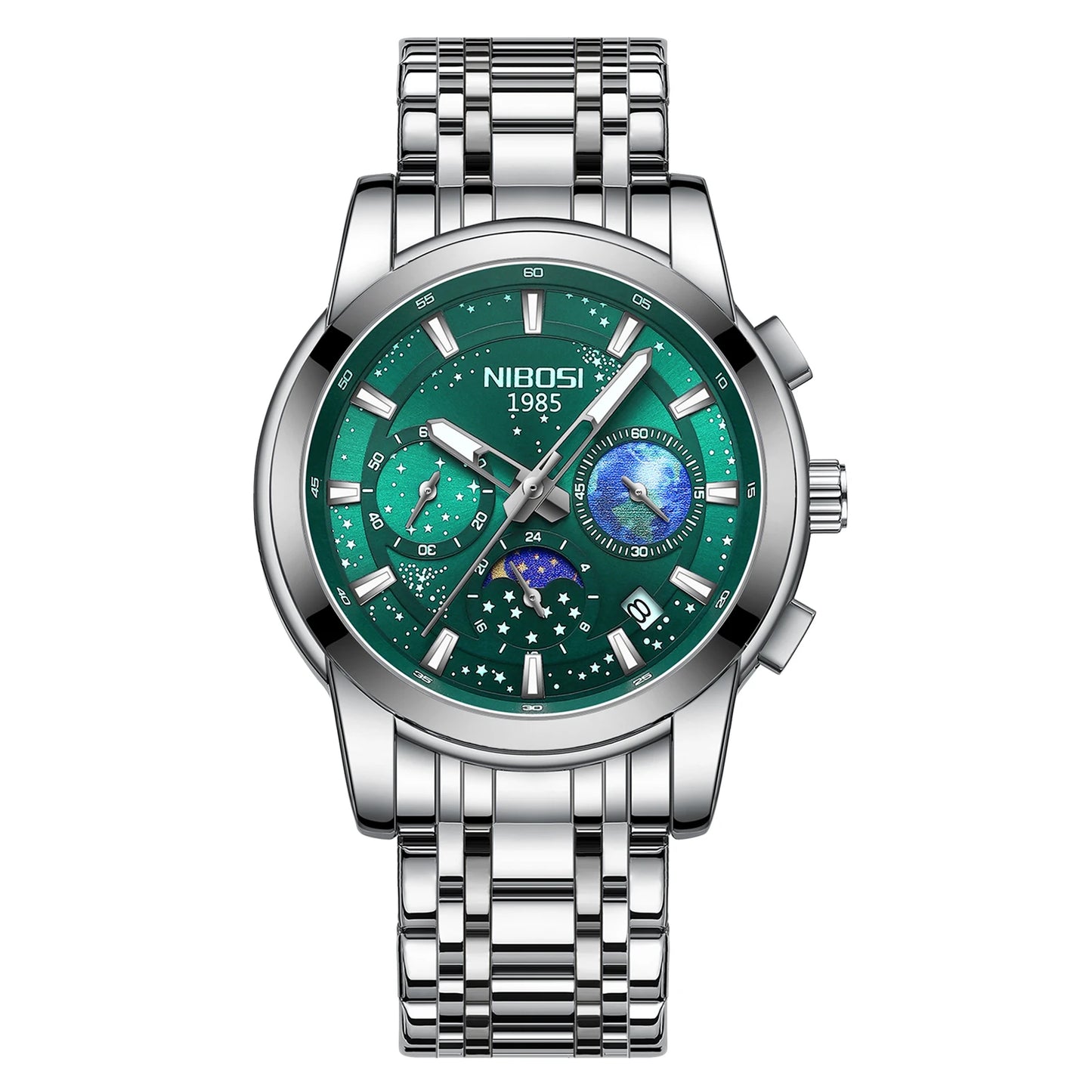 NIBOSI 2651 Men's Earth Sky Starry Night Design Auto Date Chronograph Alloy Case Stainless Steel Strap 3Bar Quartz Watch