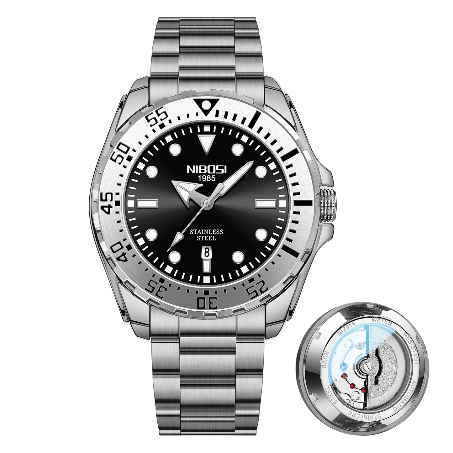 NIBOSI 2616 Men's Business Solid Steel Strip High-end Luminous Calendar Waterproof Black Blue Watch