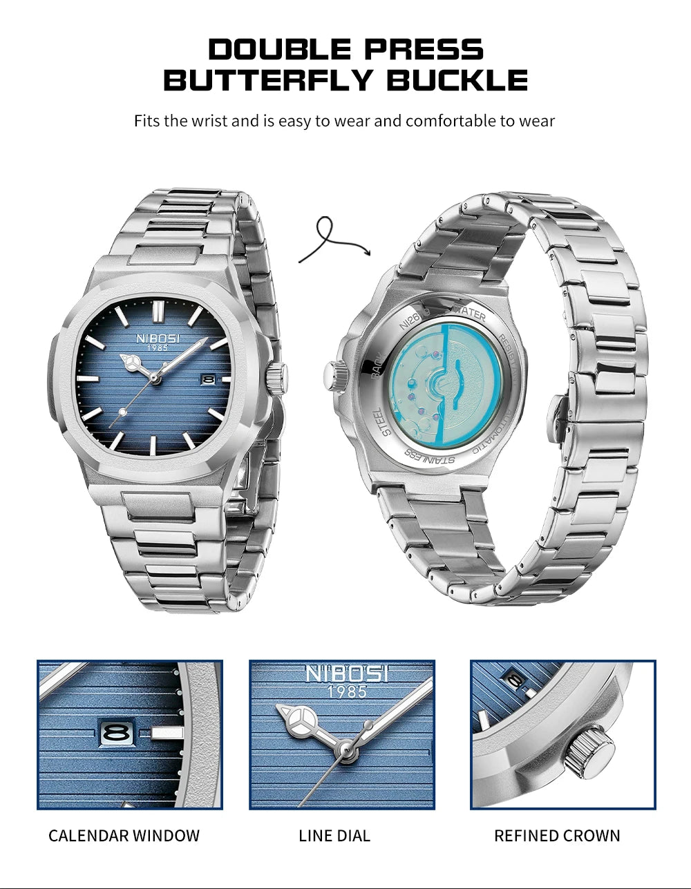 NIBOSI 2619 Men Automatic Steel Band High Quality Quartz Waterproof Fashion Watch