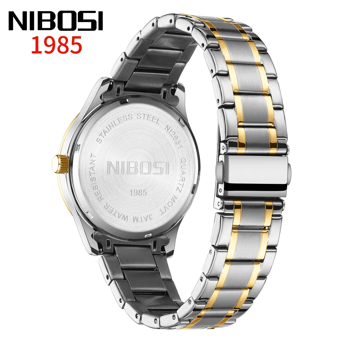 NIBOSI 2631 Business Men Auto Date Stainless Steel Band 3ATM Waterproof Quartz Wrist Watch