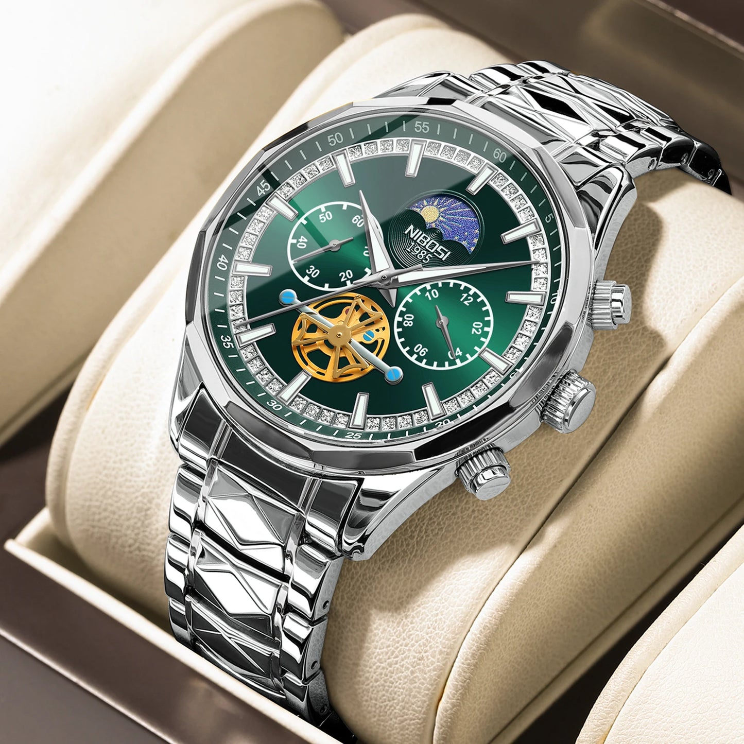 NIBOSI 2656 New Model Fashion Stainless Steel Band Chronograph Three Small Needles Quartz Watch for Men